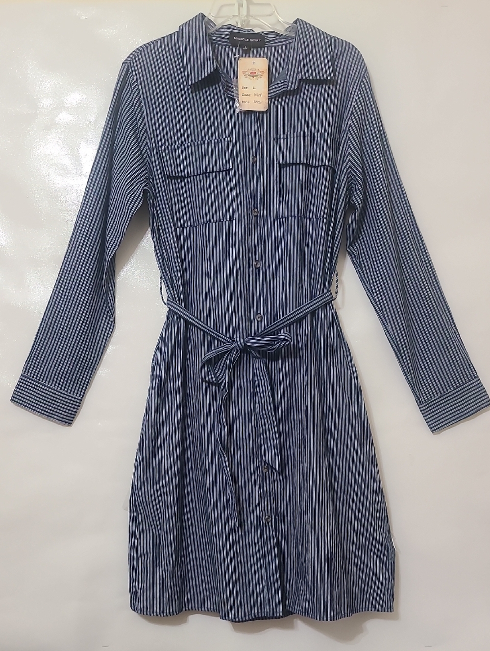 Miracle‎ Berry Striped Button-Down Shirt Dress in Navy and White - Size L NEW